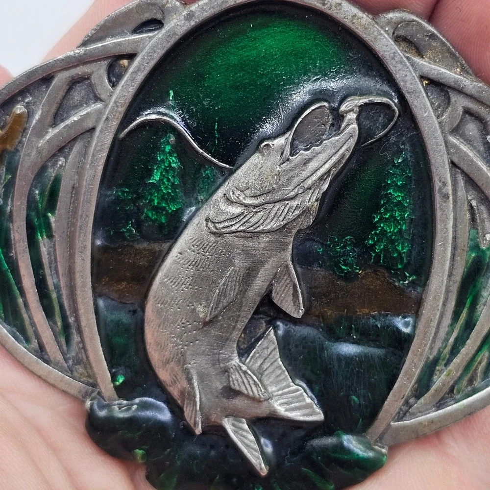 1985 Pike Bergamot Brass Works Fish Belt Buckle Enamel Muskie USA Made